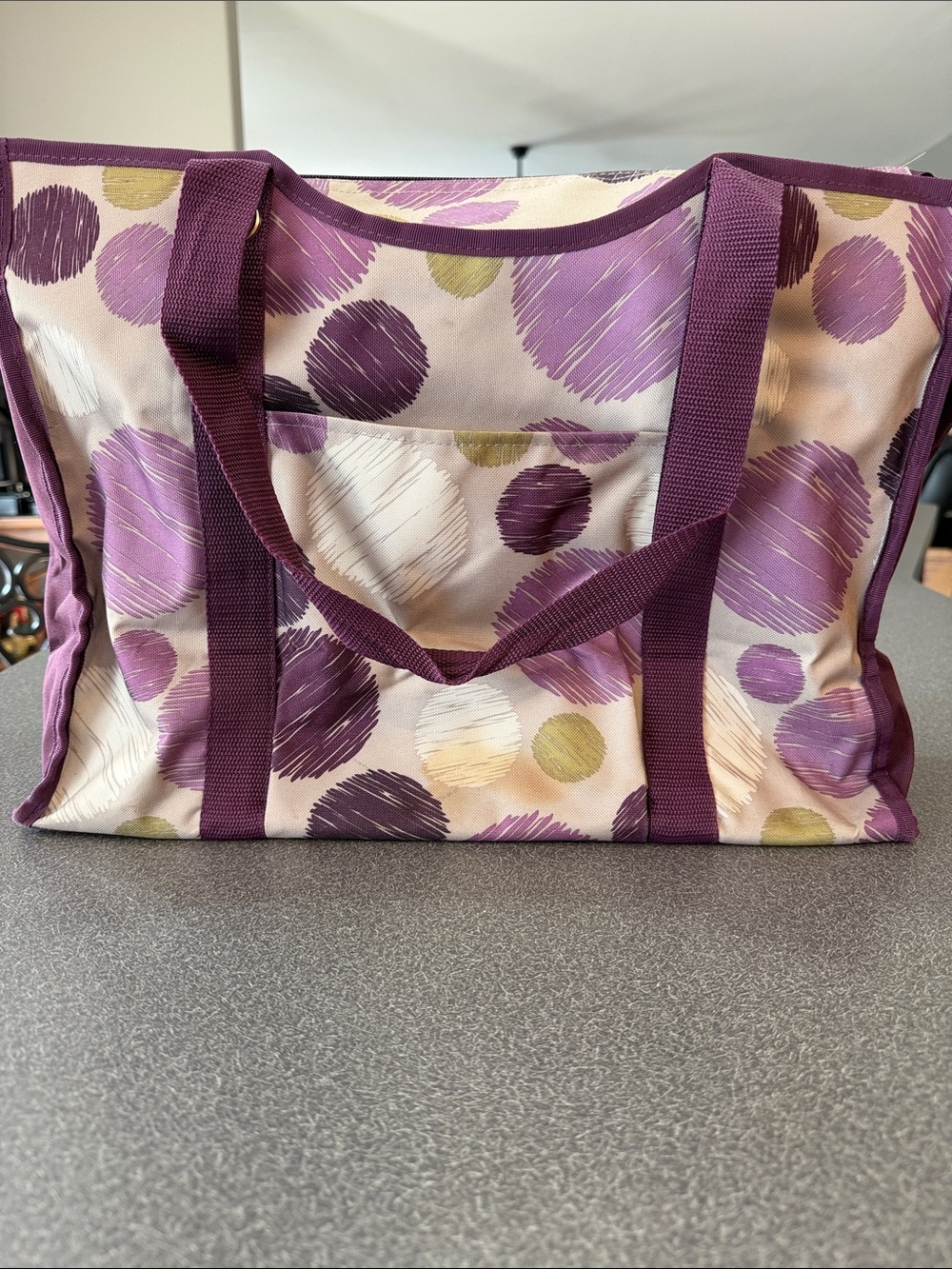 Thirty One Purple Dot Canvas Tote with Plum Handles